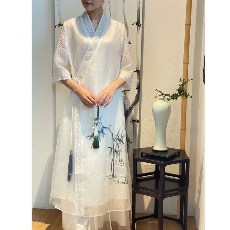 Spring 2025 Daily Fairy Zen Tea Clothing Chinese Hanfu Improved Cheongsam Little Man Tea Artist dress