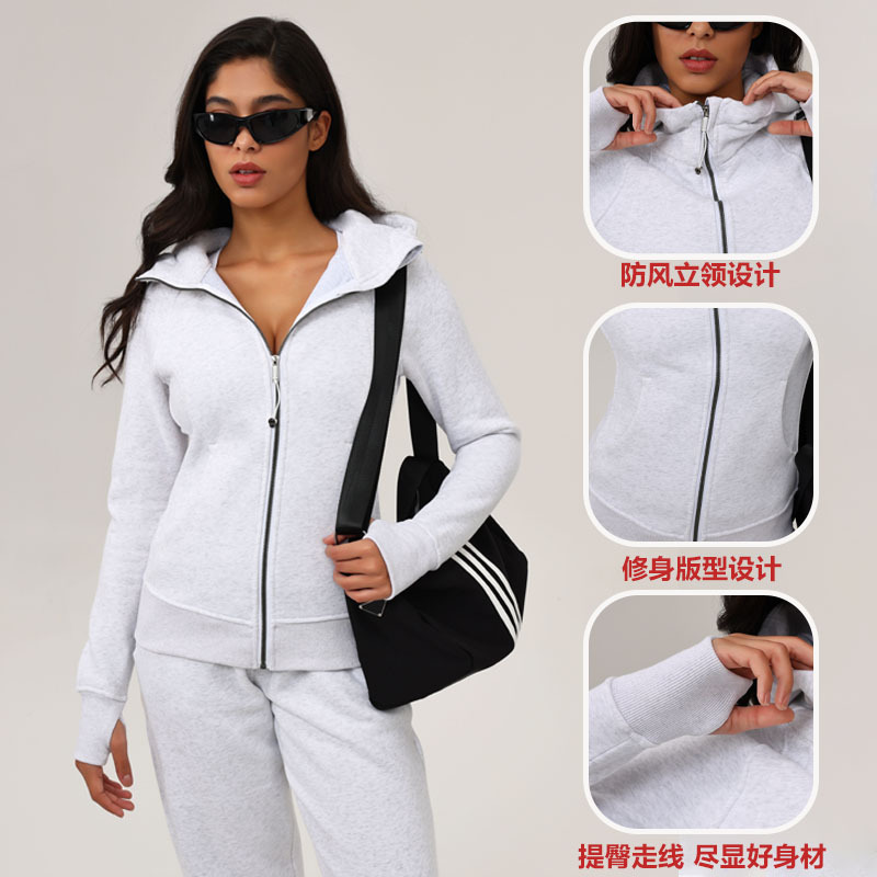 Lulu Zgly Casual Winter Hooded Slim Women's Yoga Jacket Fleece-Lined Outdoor Warm Sports Jacket