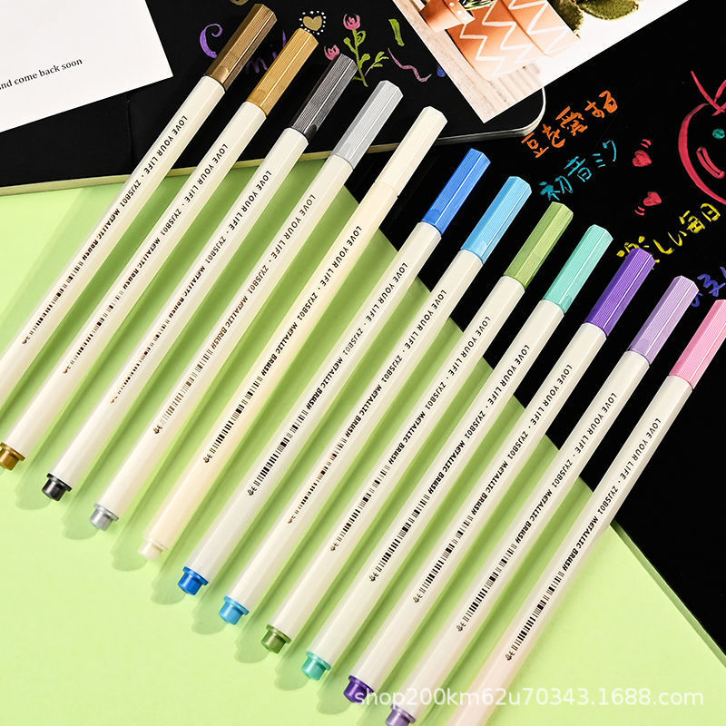 Pearlescent 12 Color Paint Pen Metal Pen Marker Pen Color Soft Pen Brush DIY Photo Album Metal Color Pen
