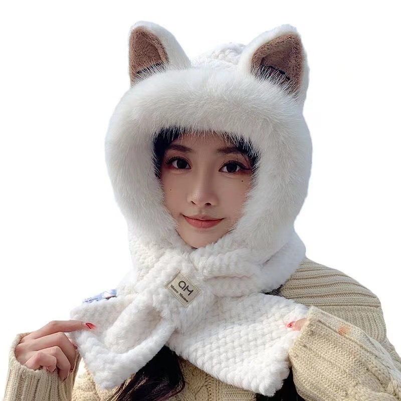 Fox Ears Hat Scarf One-piece Hat Scarf Two-piece Set Cute Fluffy Hat Scarf Two-piece Set