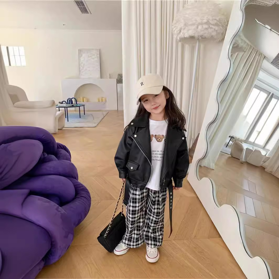 Very Fish Kidsren's Jacket 2025 Spring & Fall New Style Motorcycle Short Leather Jacket for Boys and Girls Fleece-Lined Rq315