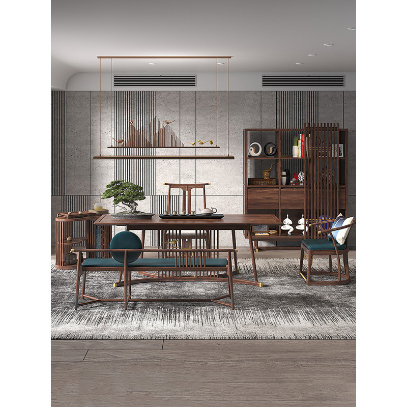 Новый китайский стиль, комбинация стола и стульев из черного ореха для офиса