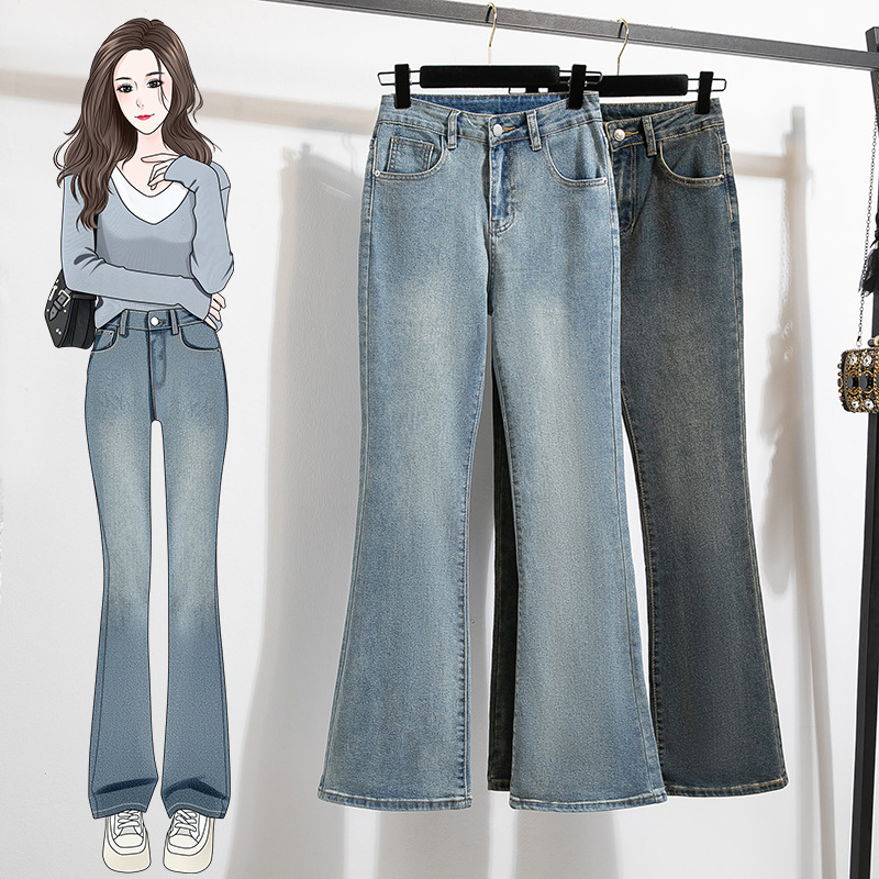 Настоящий снимок облегающих джинсов Micro Lar для женщин осень новый плюс размер для полных девушек форма груши высокая талия эластичные брюки-колокольчики