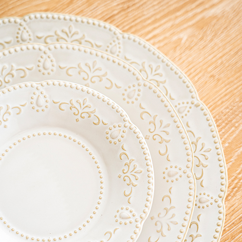 Huaxi series vintage embossed Palace style ceramic tableware salad bowl noodle bowl dinner plate snack plate dish suit