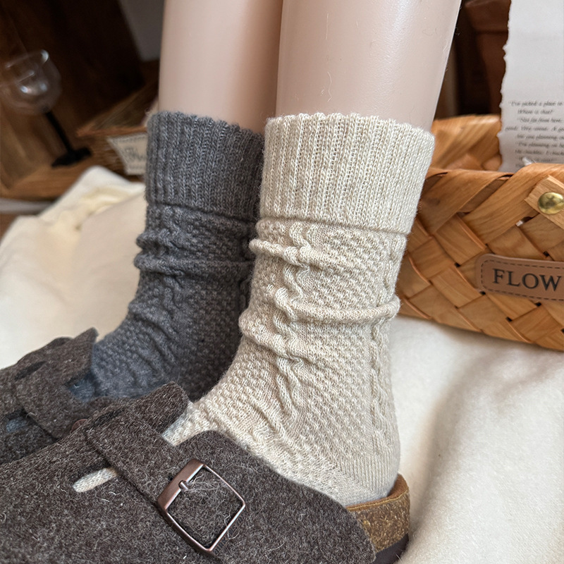 Wool Socks for Women, Autumn and Winter Style, Warm Twisted Mid-Calf Socks, Fleece-Lined and Thickened Slouch Socks, Winter Maternity Socks, Floor Socks