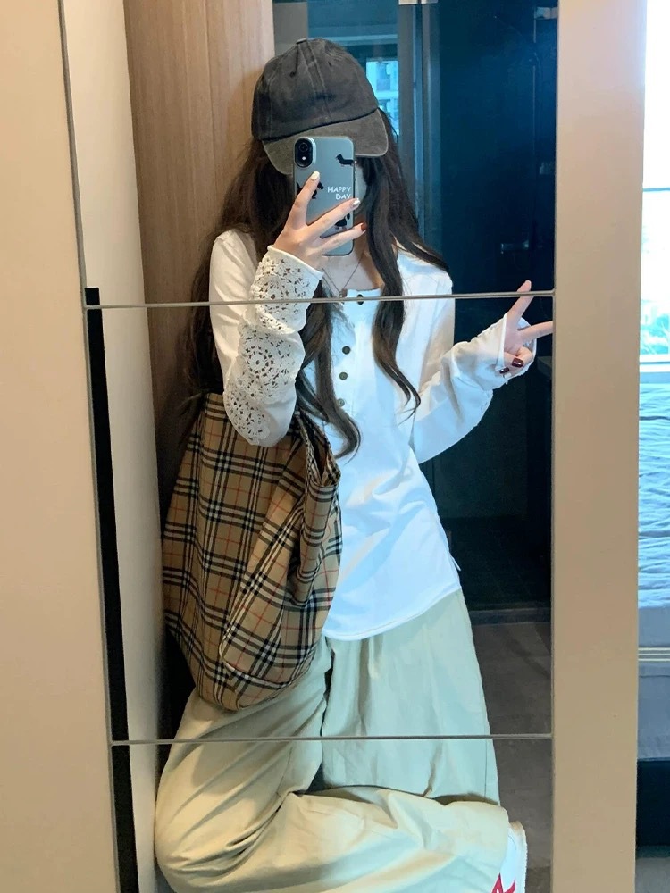 Korean-style Japanese-style sweet cool niche design hemming hollow sleeve lace stitching lace sunscreen polo shirt direct sales