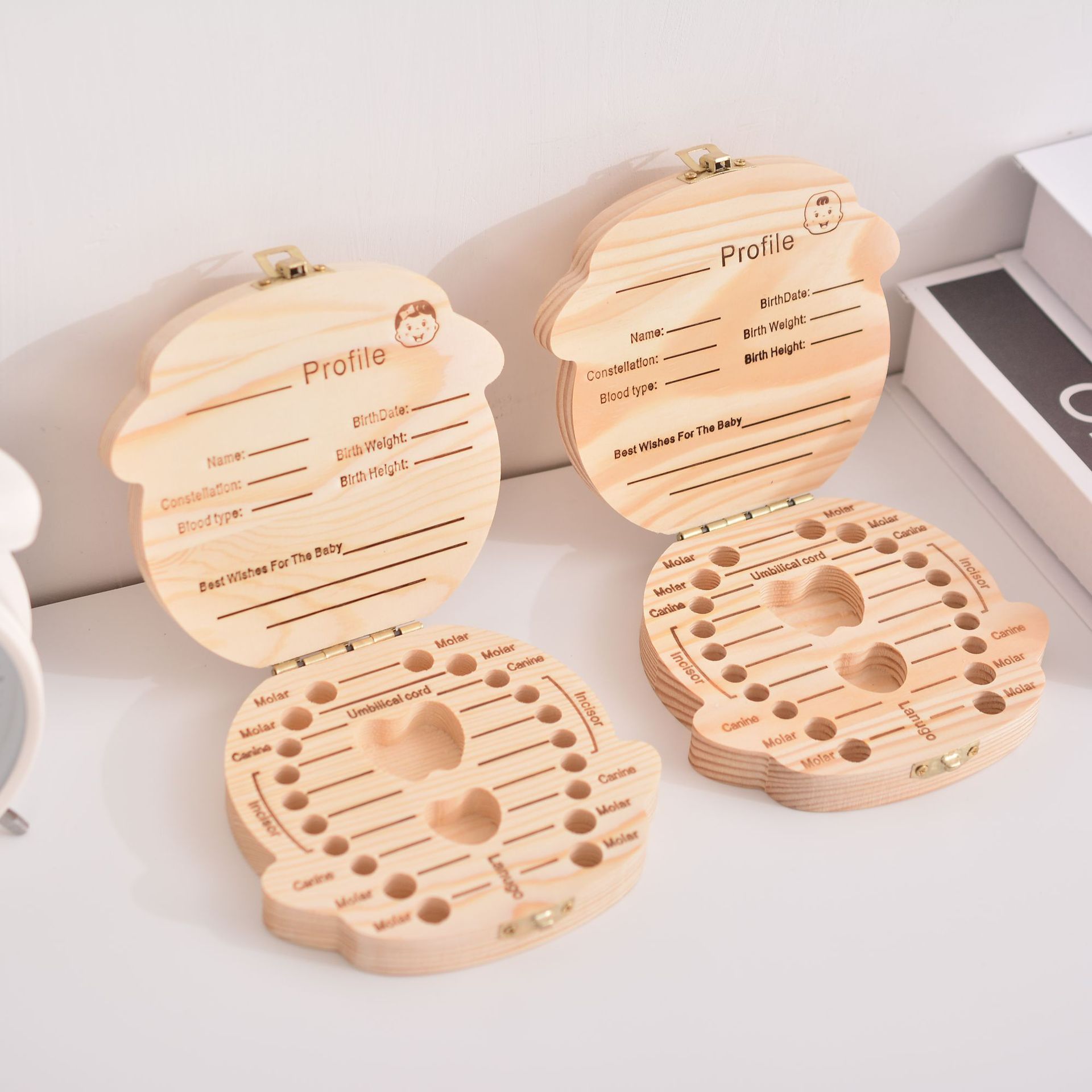 Solid Wood Children's Teeth Box Baby Fetal Teeth Storage Box Flip-on Children's Teeth Collection Box