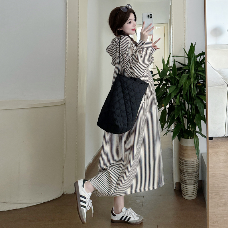 2025 Spring New Casual Striped Loose Shirt Korean Style plus size Slimming Mid-length Pregnant Women's Over-knee dress