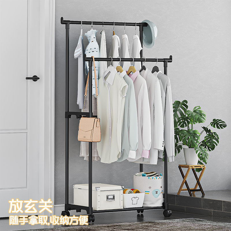 Simple Floor Bedroom Clothes Rack Shoes and Hats Integrated Rack Single and Double Rod Wheeled Clothes Rack Multi-Layer Storage Coat Rack
