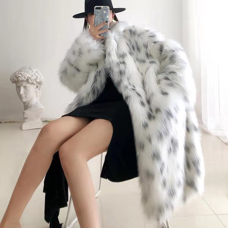 Europe and the United States cross-border fur coat wholesale bobcat leopard print fur women's long young lapel fox fur coat