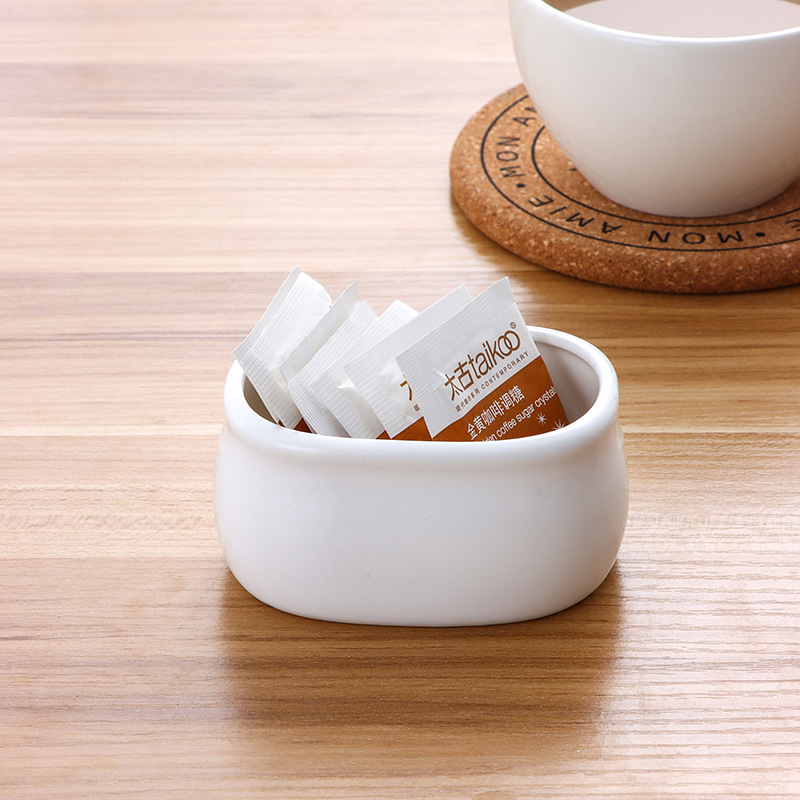In stock hotel restaurant dedicated pure white ceramic coffee sugar jar Milk Cup sugar jar tea bag box seasoning jar denier-shaped Sugar Bowl
