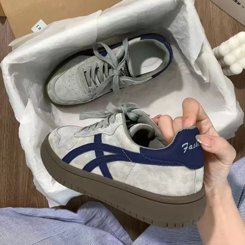 Maillard niche gray blue training shoes women's 2024 autumn new thick bottom leather retro sports casual shoes tide