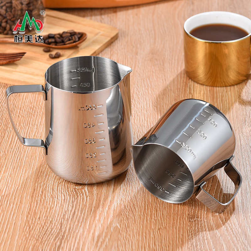 Cross-Border Popular Stainless Steel Latte Art Cup with Scale, Latte Art Cylinder, Pointed Mouth, Household Latte Art Utensil, Milk Foam Cup 350ml