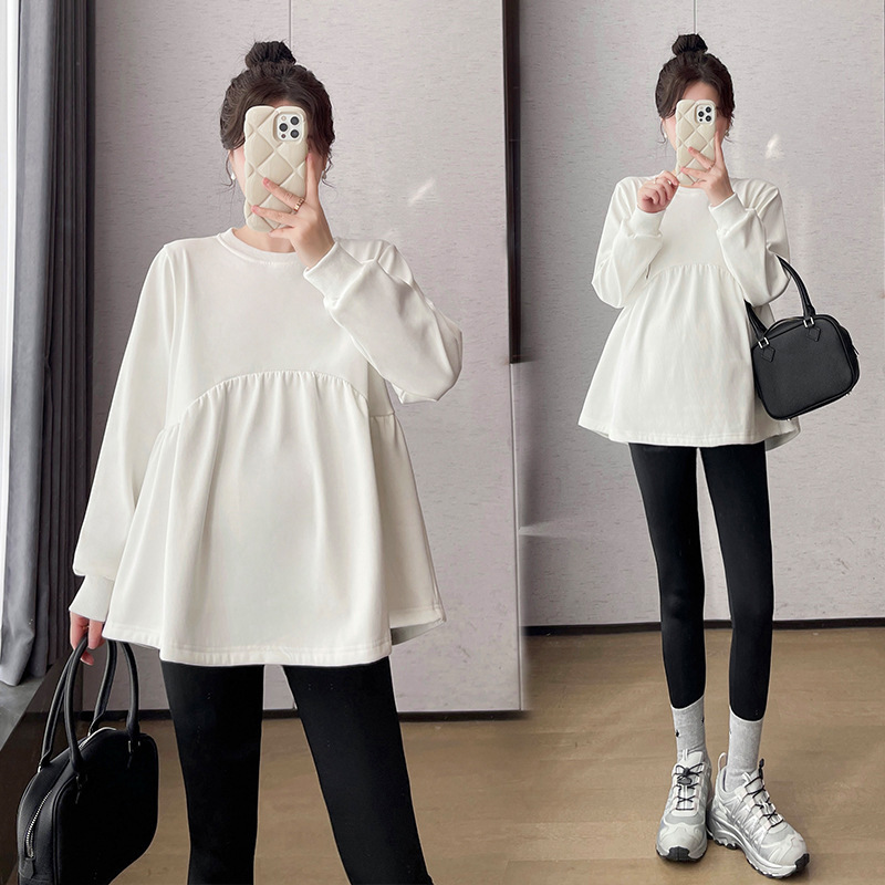 Pregnant Women Autumn and Winter New Korean Color Age-reducing Doll Shirt plus size Slim Belly Covering Long Sleeve Sweater Two-piece Set Fashion