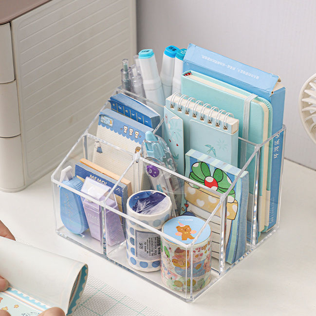 Transparent acrylic desktop pen holder large capacity student note storage box office desk storage rack organizing box