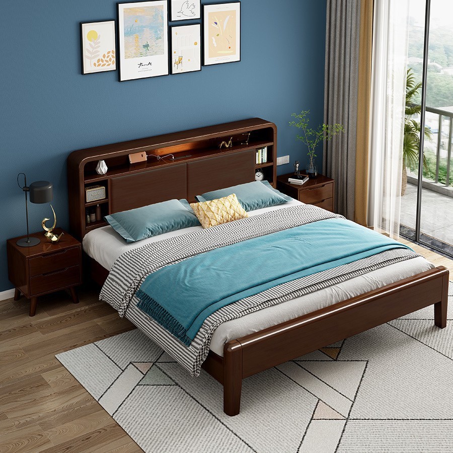 Home Bedside with Lamp Master Bedroom 1.8m Solid Wood Double Bed Hotel Modern Simple with Storage Scandinavian Solid Wood Bed