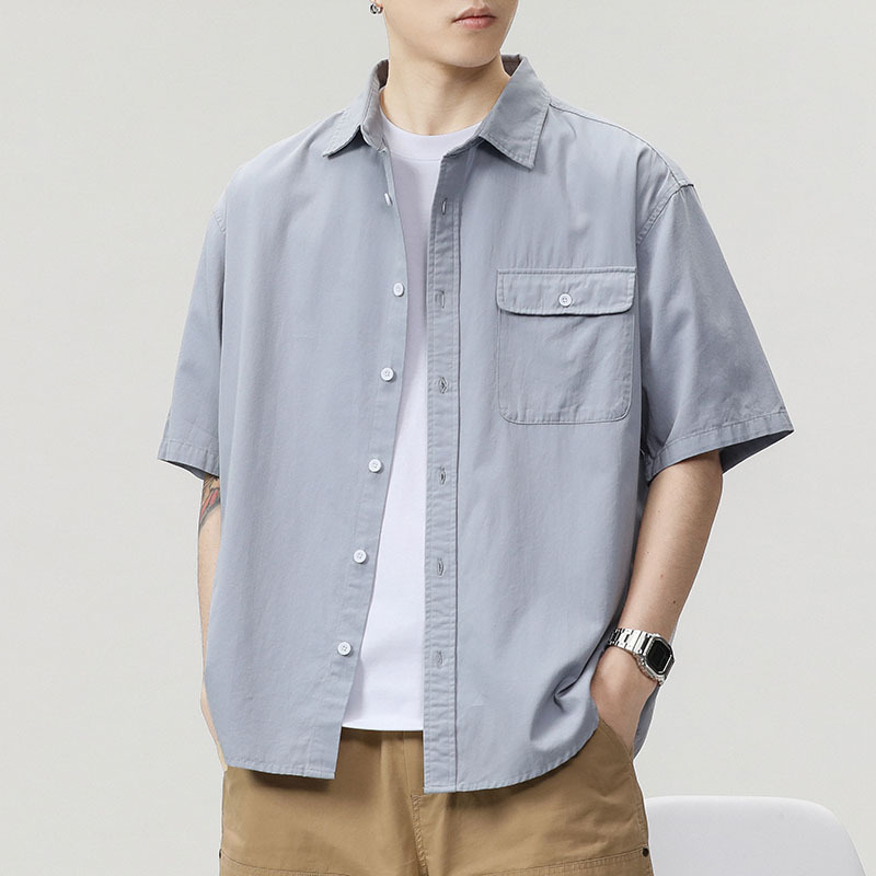 American Workwear Short-Sleeved Shirt Men's Summer Solid Color Lapel Pocket Casual Shirt Pure Cotton Shirt Casual Suit Trendy