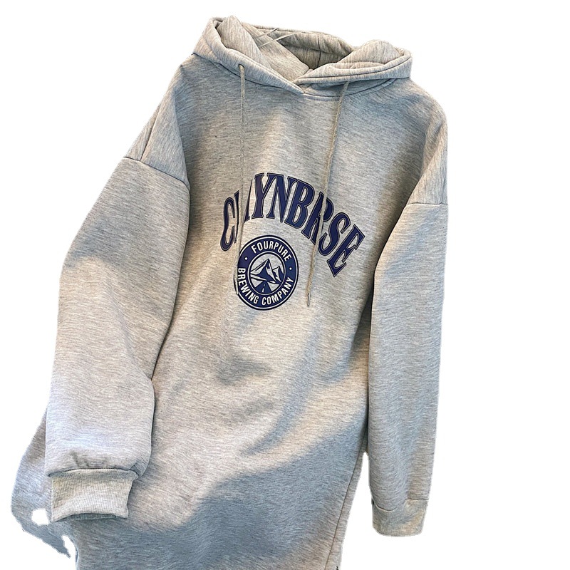 Fleece-lined thickened letter printed hooded sweater dress for women autumn and winter loose casual lazy mid-length over-the-knee dress