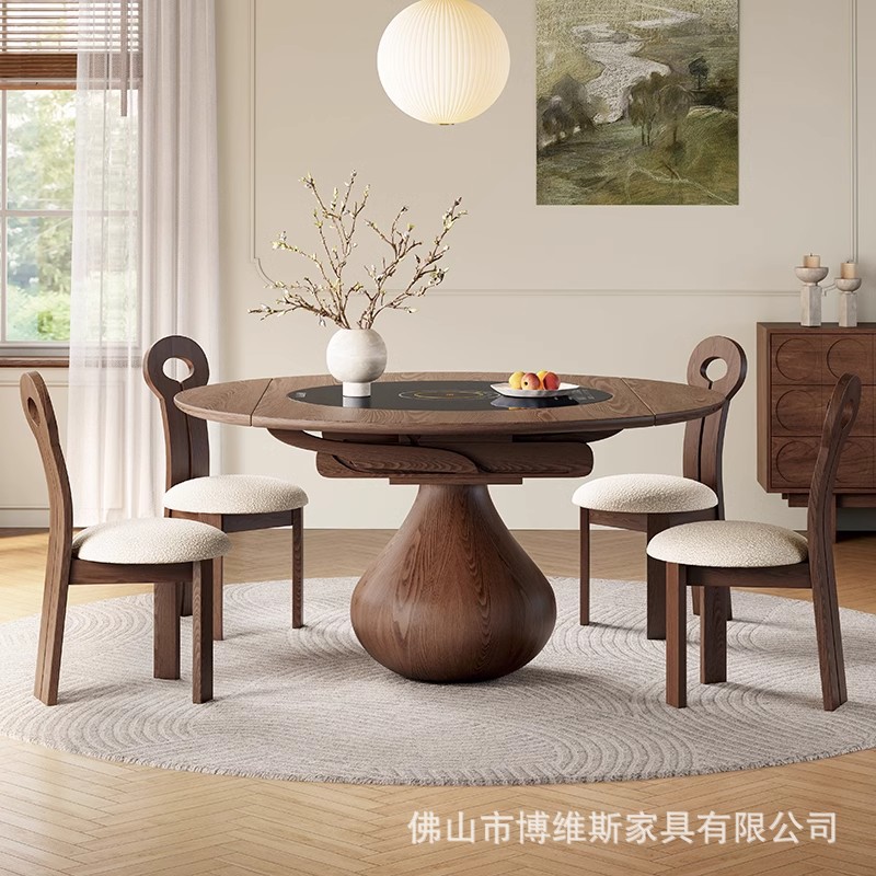 Medieval Style Solid Wood Water Drop Dining Table Retractable Built-In Induction Cooker Warming Turntable Home Retro Style Folding Round Table