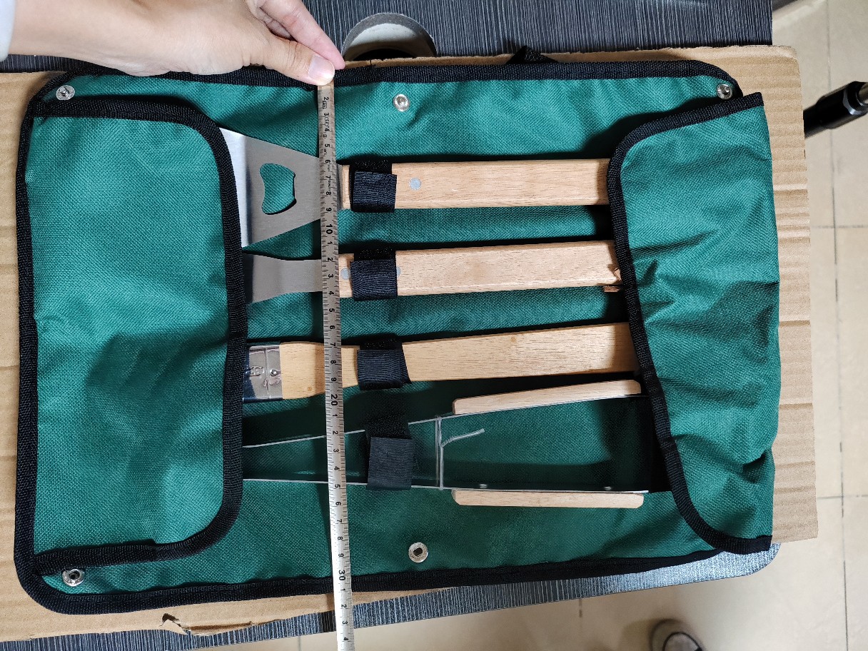 Factory wholesale stainless steel outdoor barbecue tools suit in stock tote bag wooden handle rotisserie 5 piece set