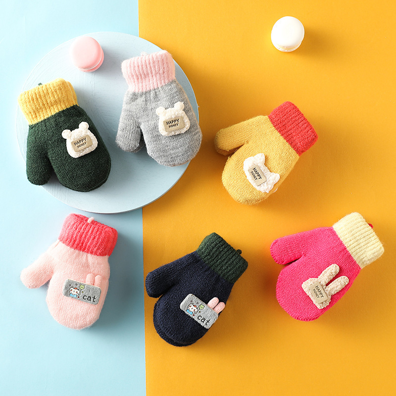 Зимние утолщенные флисовые перчатки для детей, мужские и женские, мультяшные, милые, защищающие от холода, с мешком для пальцев и веревкой