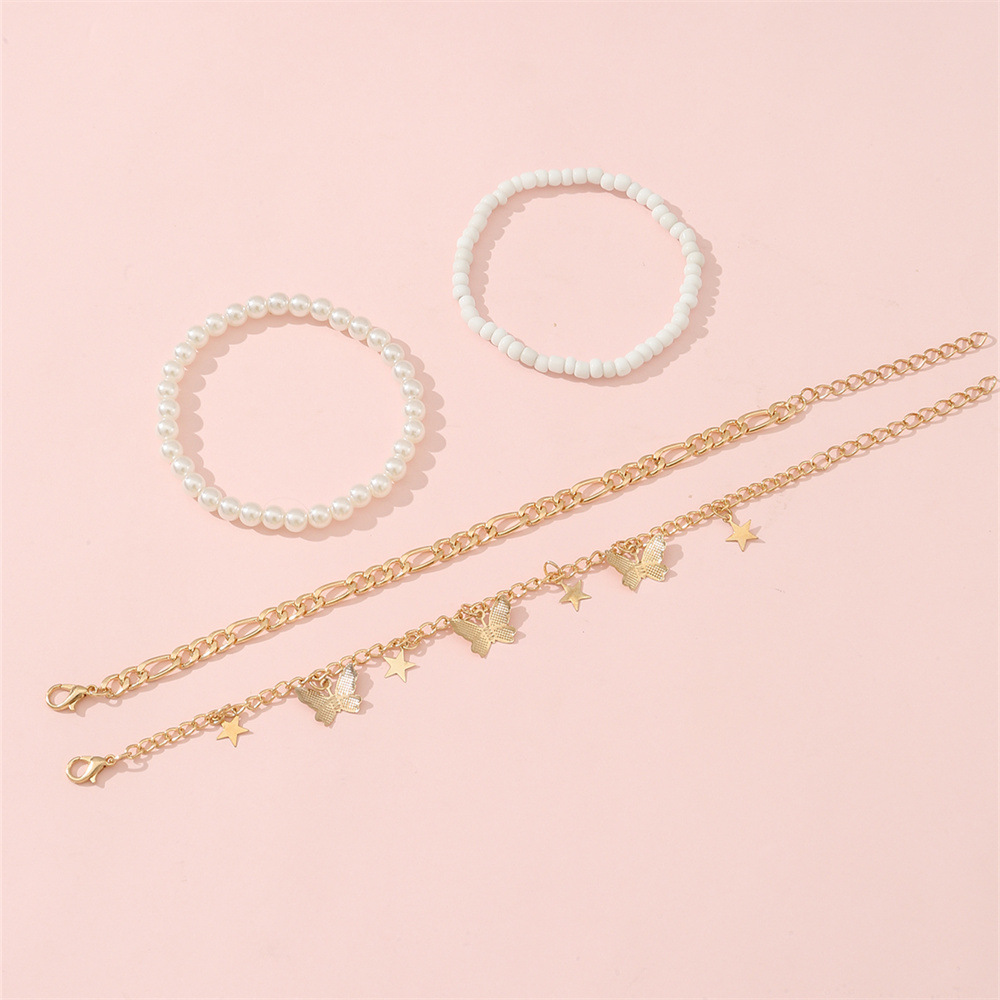 Cross-border Europe and the United States New Star butterfly pendant anklet creative retro simple pearl anklet 4 piece set Wholesale