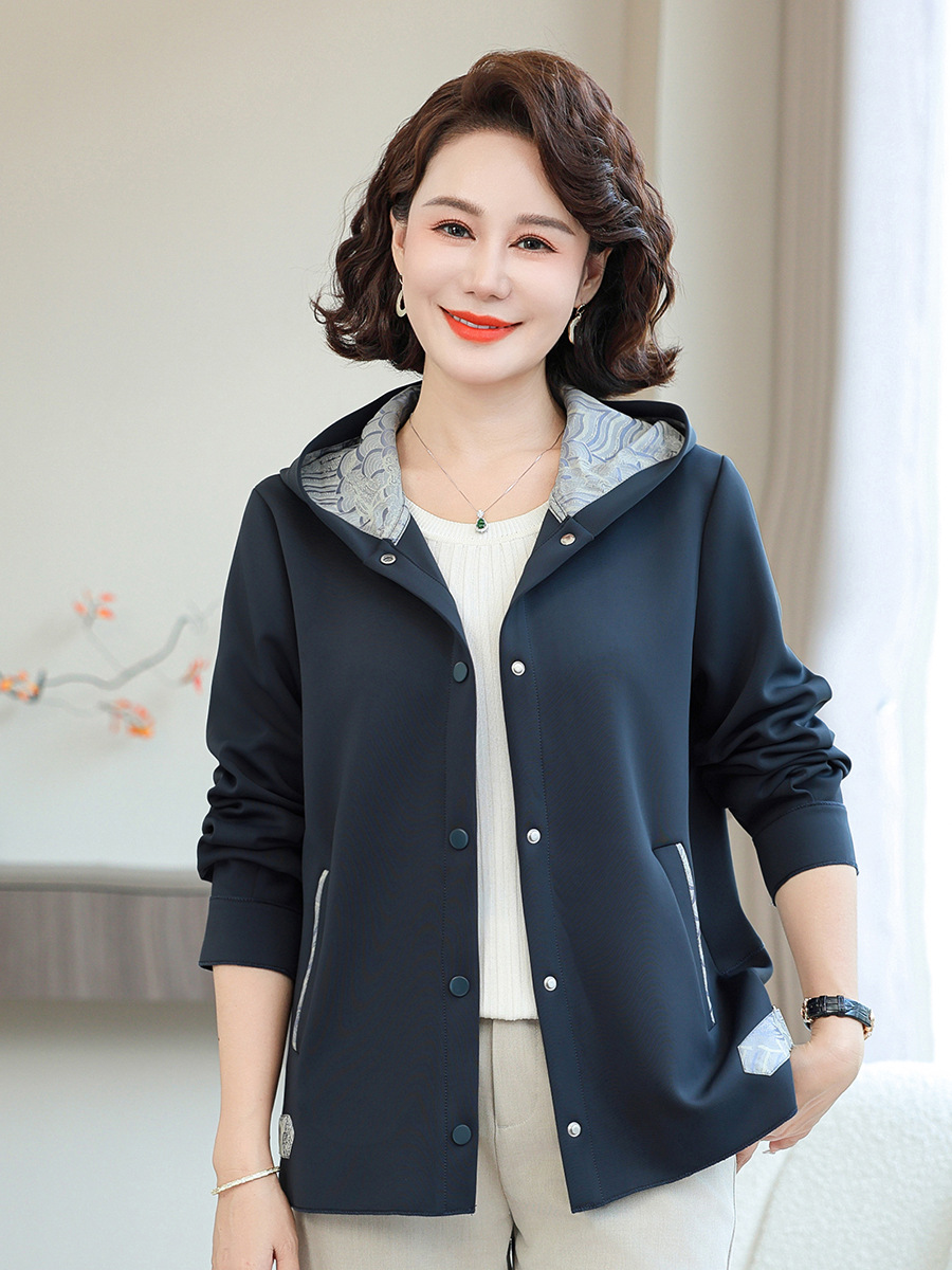 Mom's Spring Coat Middle-aged Women's Top Loose Middle-aged and Elderly 40-year-old 50 Spring and Autumn Hooded Top Jacket