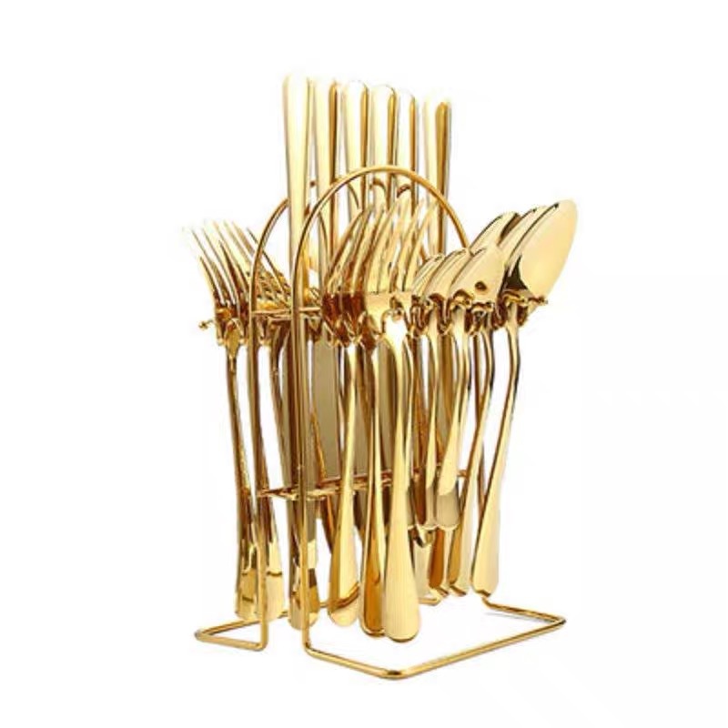 Stainless Steel Tableware suit 24-piece Set of Foreign Trade Advanced Sense Combination of Knife, Fork and Spoon Golden Tableware Storage Rack Gift Box