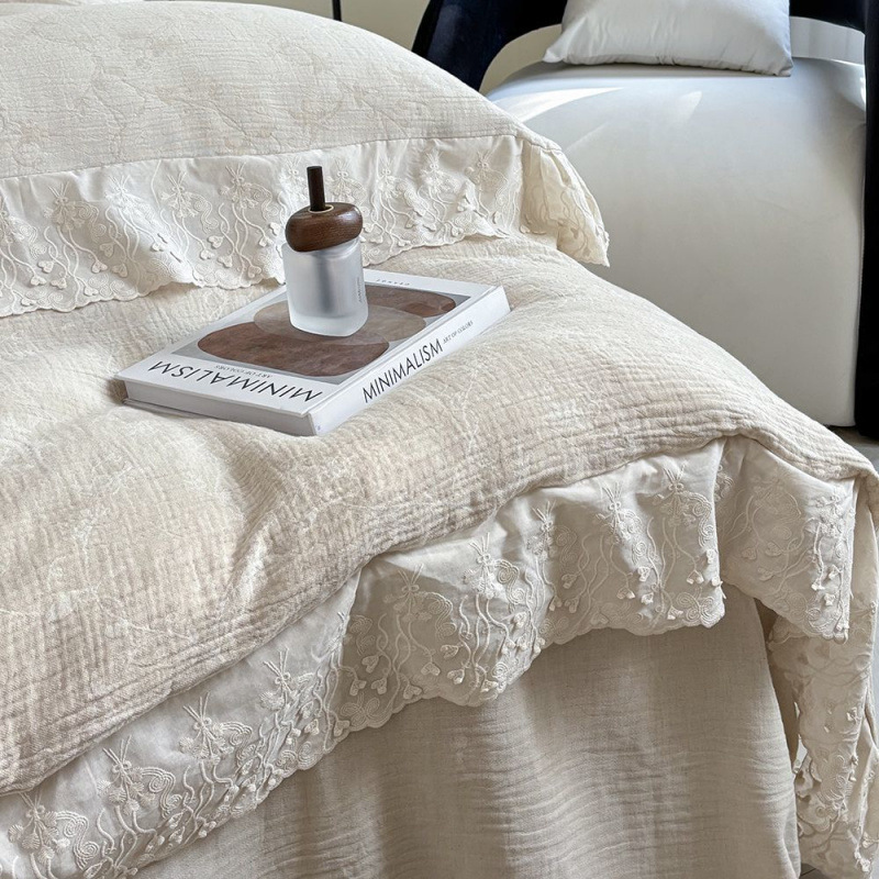 French Elegant Quilt Cover Lily of the Valley Bed Bed Sheets Lace Four-Piece Set Class a Rustic B&B Quilt Cover Cotton and Linen Song