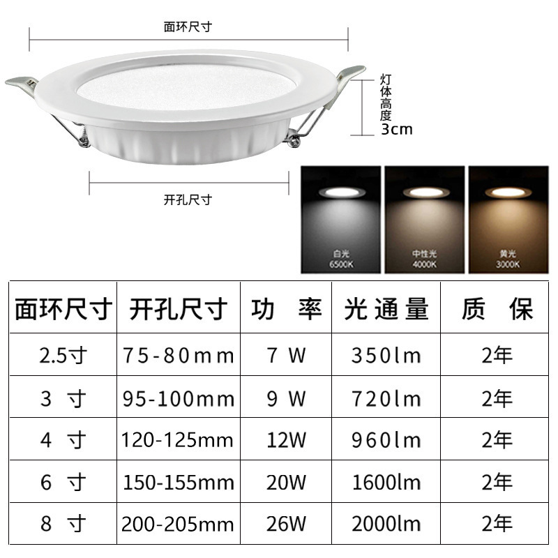 Ultra-thin Anti-glare Downlight 75 Hole Light Household Living Room Hole Light Square Three-color LED Downlight Recessed