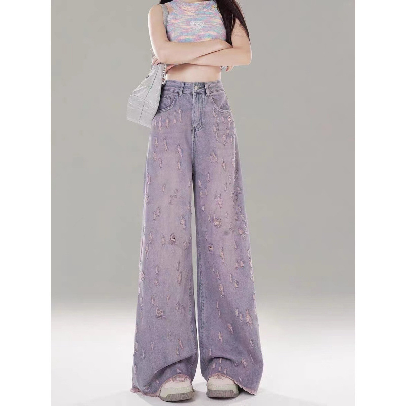 Pink and Purple High-Waisted Wide-Leg Jeans for Women 2025 Summer New Style Ripped Raw Edge Drapey Floor-Length Pants