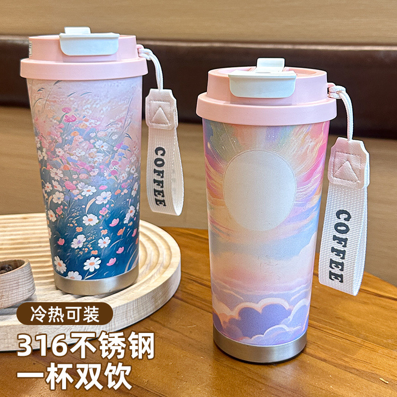 High-Looking Ceramic Liner Lily of the Valley Coffee Cup Stainless Steel Double Drink Thermos Cup Student Girl Portable Water Cup
