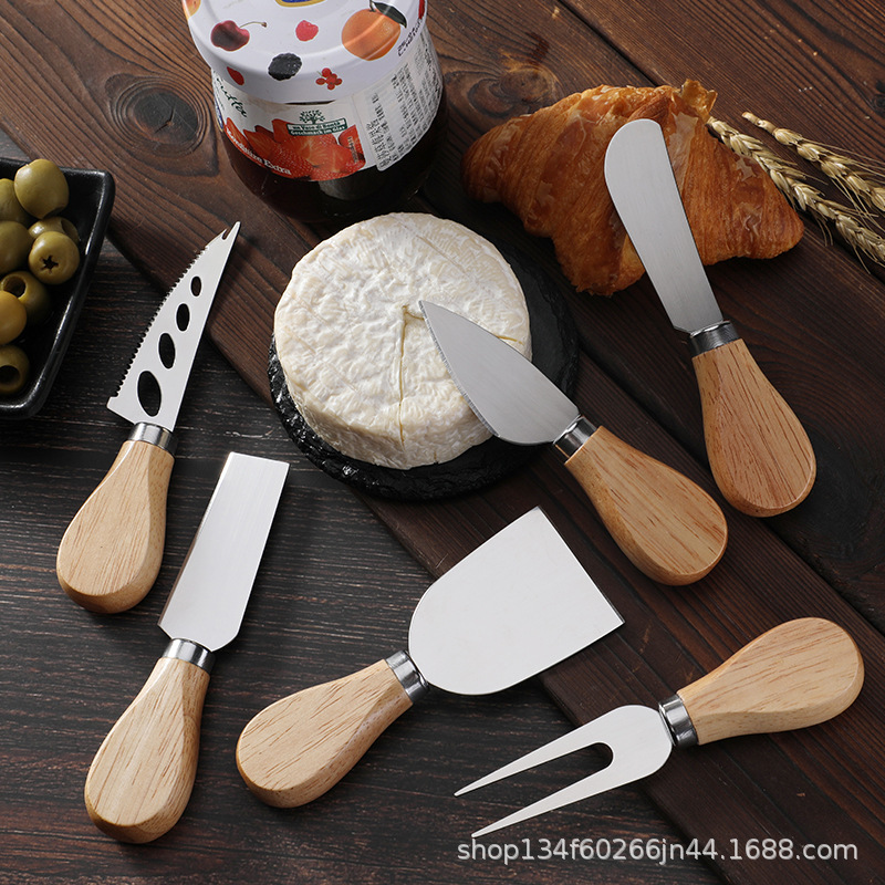 Factory in stock rubber wooden handle stainless steel cheese knife kitchen baking cheese butter knife cross border cheese tools