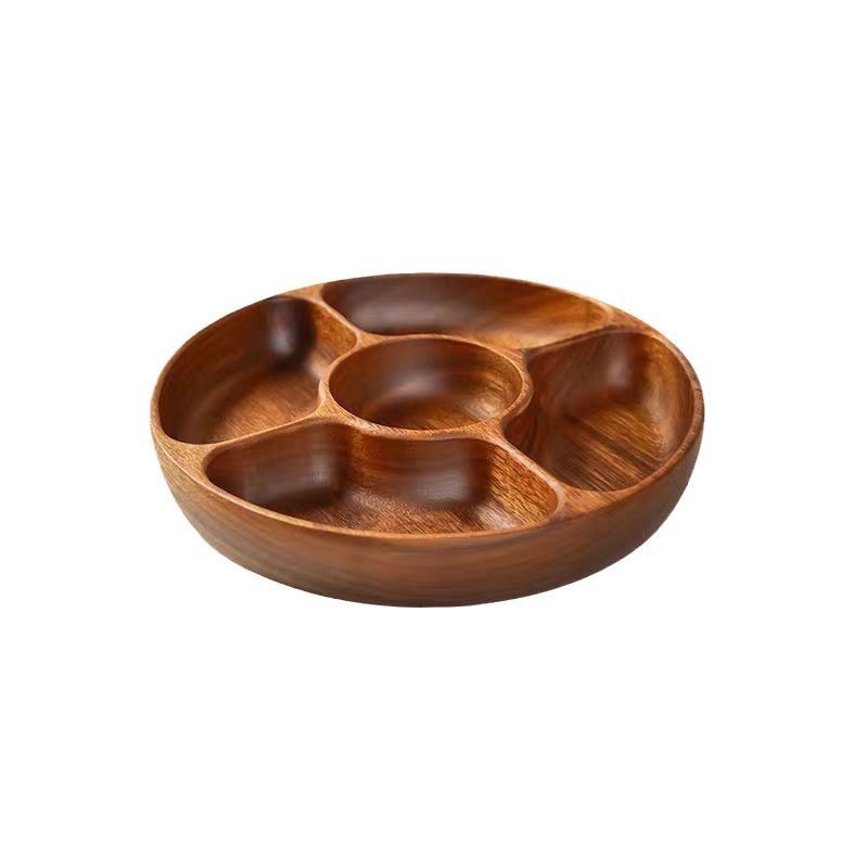 Fruit Plate, Refreshment Plate, Walnut Five-Compartment Round Snack Plate, Dried Fruit Box