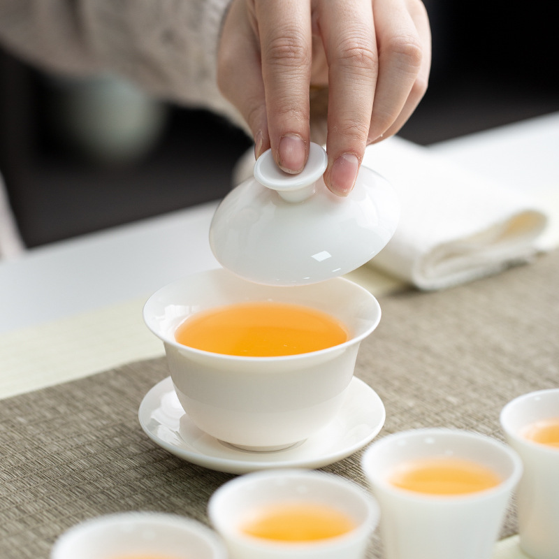 Jadeite Tea Set Dehua White Porcelain Kung Fu Tea Set Covered Bowl Gift Box Business Souvenir Printable Logo