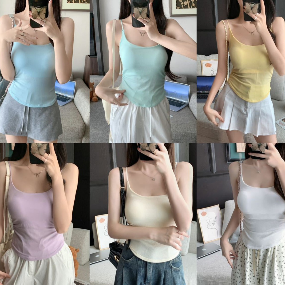 New Seamless Macaron Color Pure Sweet and Spicy Little Suspender Belt with Built-In Breast Pad and Pleated Design Slimming Vest for Women