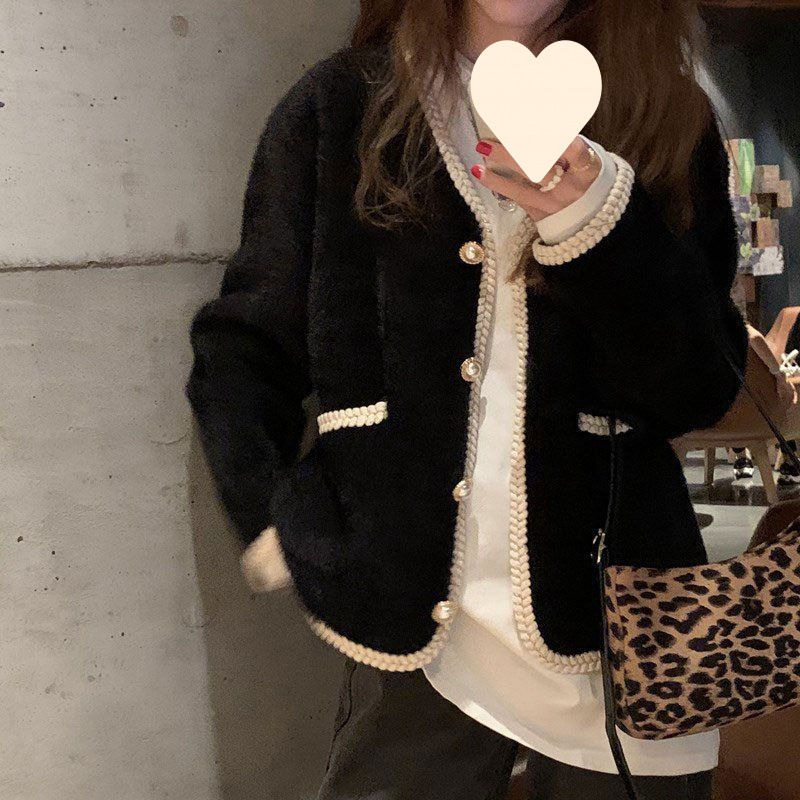 Tweed Style Imitation Mink V Neck Cardigan Women's Jacket Autumn and Winter New Korean Style Loose Lazy Style Knitted Outer Top