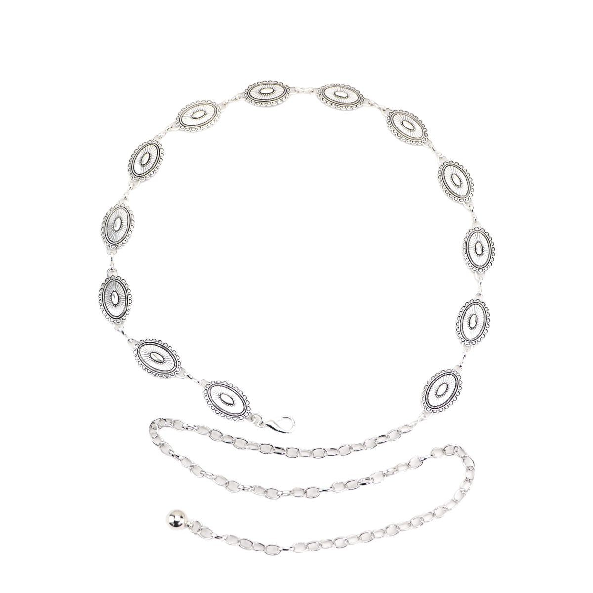 Metal Vintage Silver Daisy Embossed Oval Waist Chain silver Belt Chain Women's Matching Skirt Decorative Waist Chain