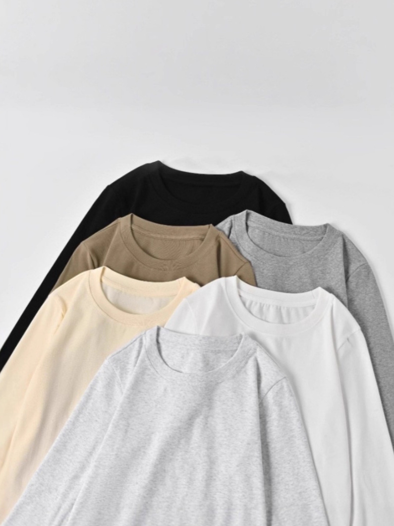 [Elastic Long t] 220g Slim Fit Stretch Solid Color Long t Round Neck Regular Shoulder Slim Fit Women's Long Sleeve Slimming Base Shirt