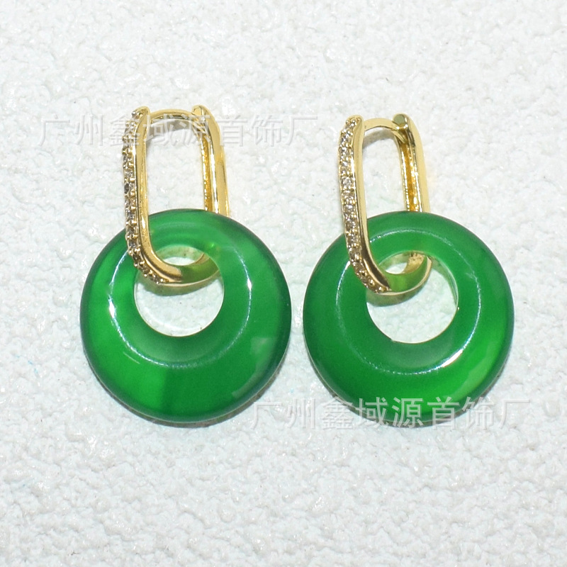 Light Luxury Natural Green Chalcedony Ear Buckle Ping An Buckle Earrings Ice High-quality Vintage Fashion Agate Earrings Factory Outlet