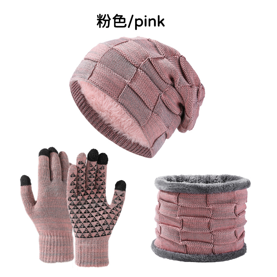 Cross-border European and American hat Amazon knitted hat men's and women's autumn and winter plus velvet padded hat scarf gloves three-piece set
