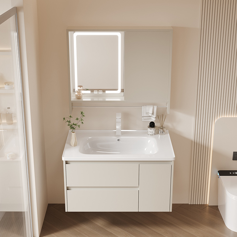 Thickened Honeycomb Aluminum Bathroom Cabinet Ceramic One-piece Basin Push-pull Feng Shui Mirror Household Washing Table Face Washing Basin Combination