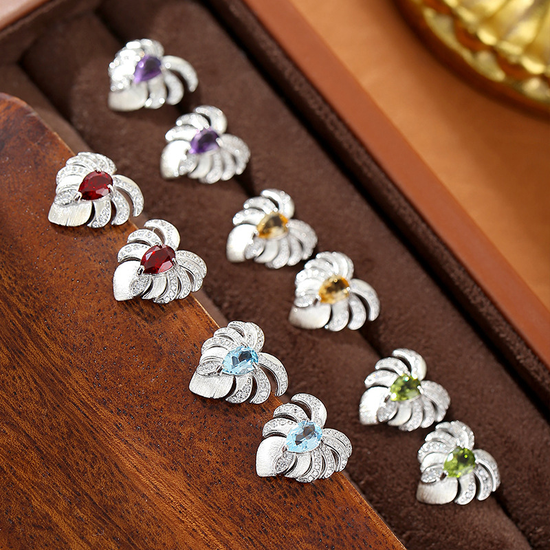 Niche Feather High-End Design Brushed Natural Stone Earrings Amethyst Citrine S925 Sterling Silver Earrings