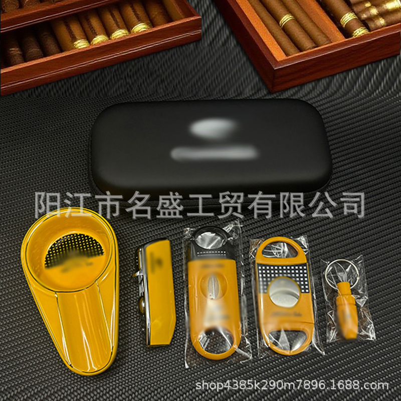 Набор для сигар, ножницы, три предмета, зажигалка, пепельница, нож для сигар, сумка для хранения