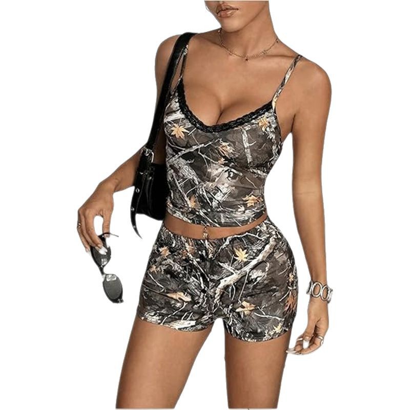 Amazon European and American Women's Sexy Printed suit Shorts Cross-border Suspenders