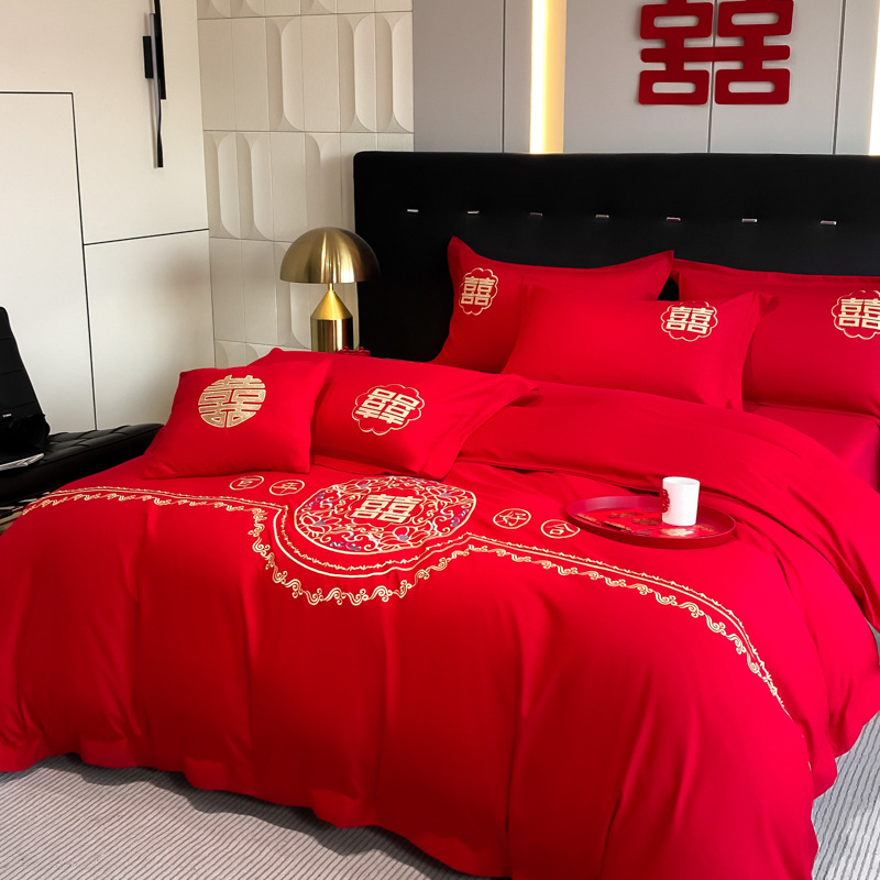 Простой свадебный комплект из четырех предметов, ярко-красное постельное белье, легкая роскошь, оптовая продажа