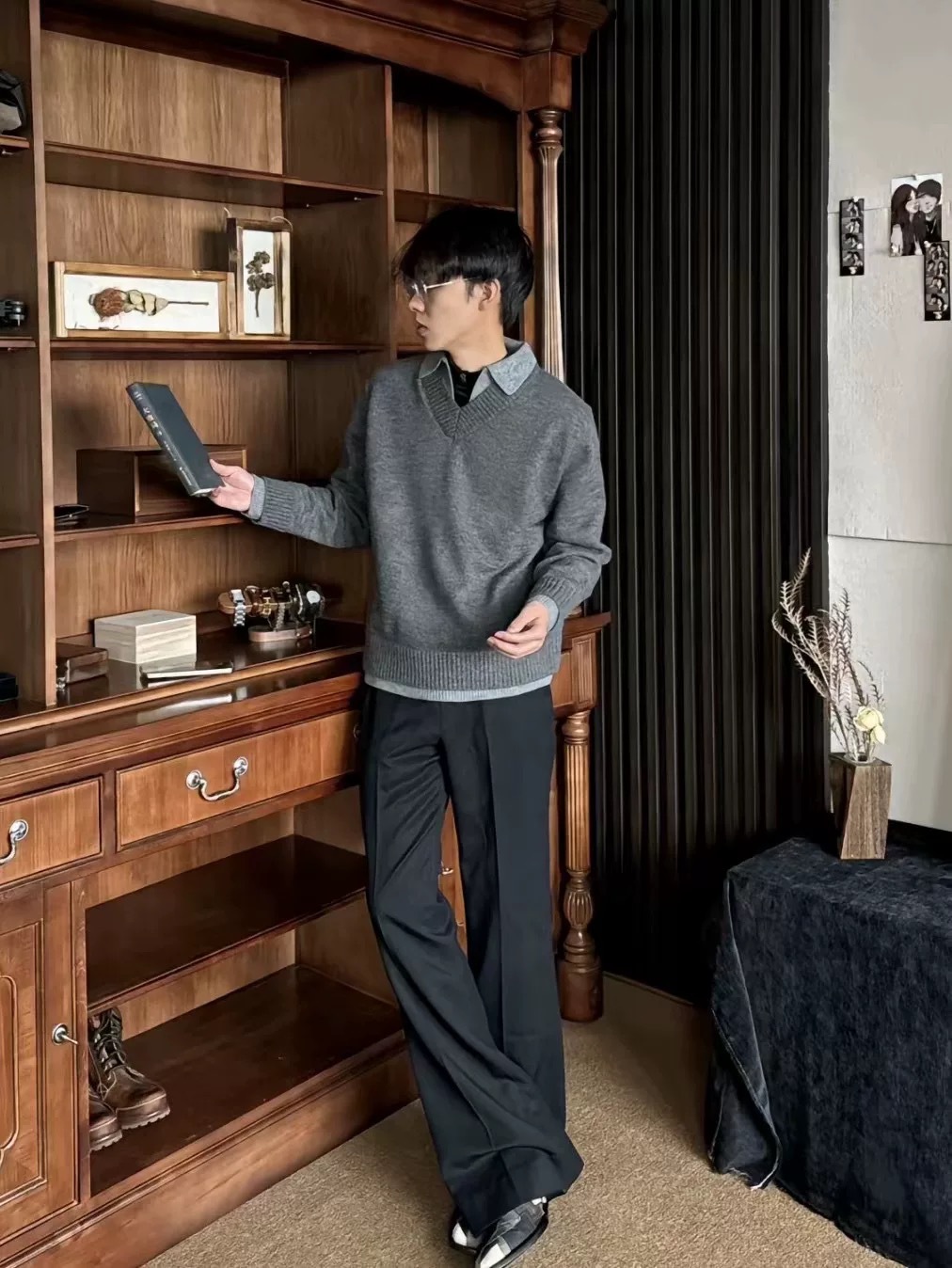 Autumn and Winter Fake Two-Piece V-Neck Arctic Velvet Polo Sweater Atmosphere Old Qian Feng Knitted Sweater Jacket Male Temperament Skin-Friendly