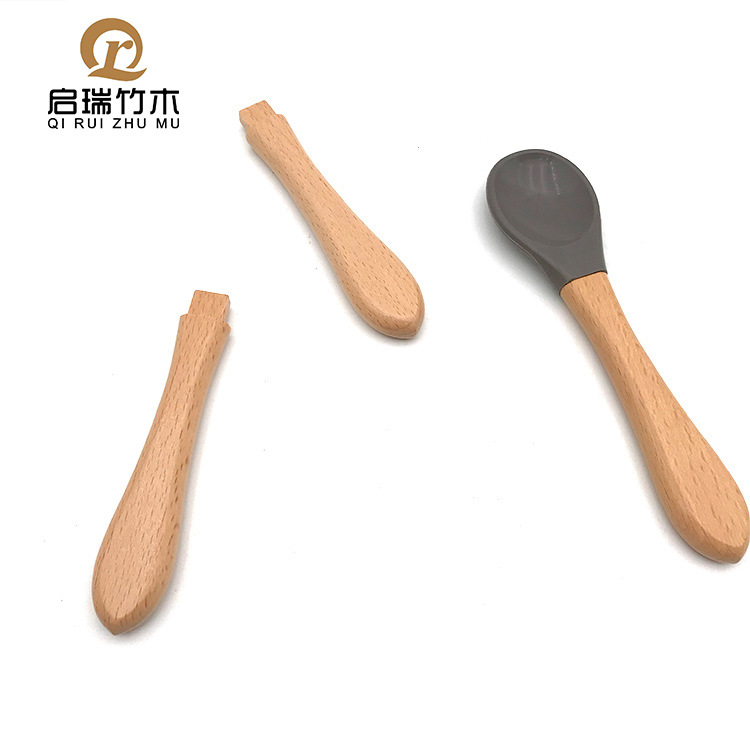 Baby Silicone Spoon Wooden Handle Bamboo Handle Spoon Bamboo Wooden Handle Soft Spoon Wooden Handle