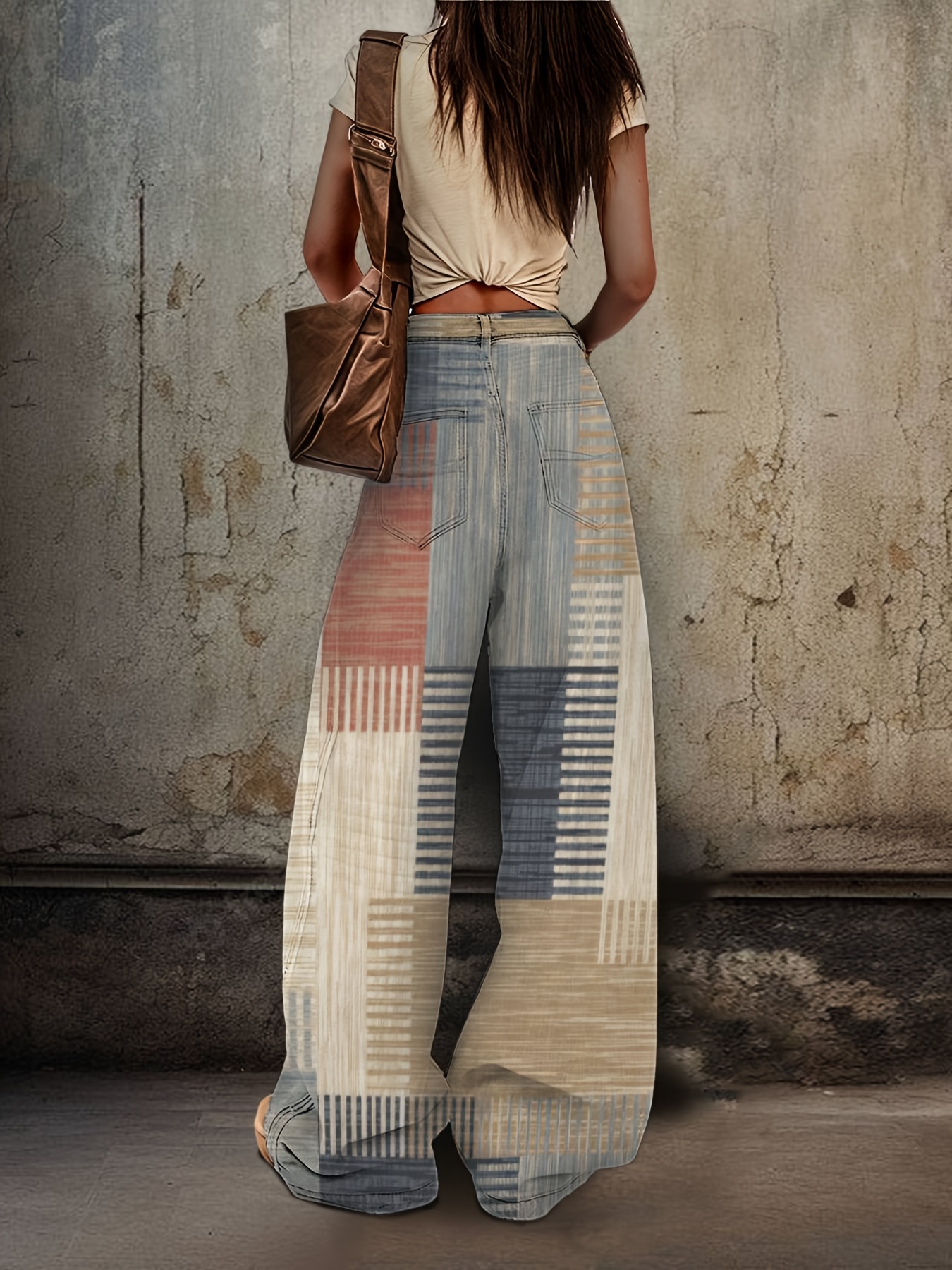 Women's Retro 3D Print Wide-Leg Jeans - Ombre Wash Denim