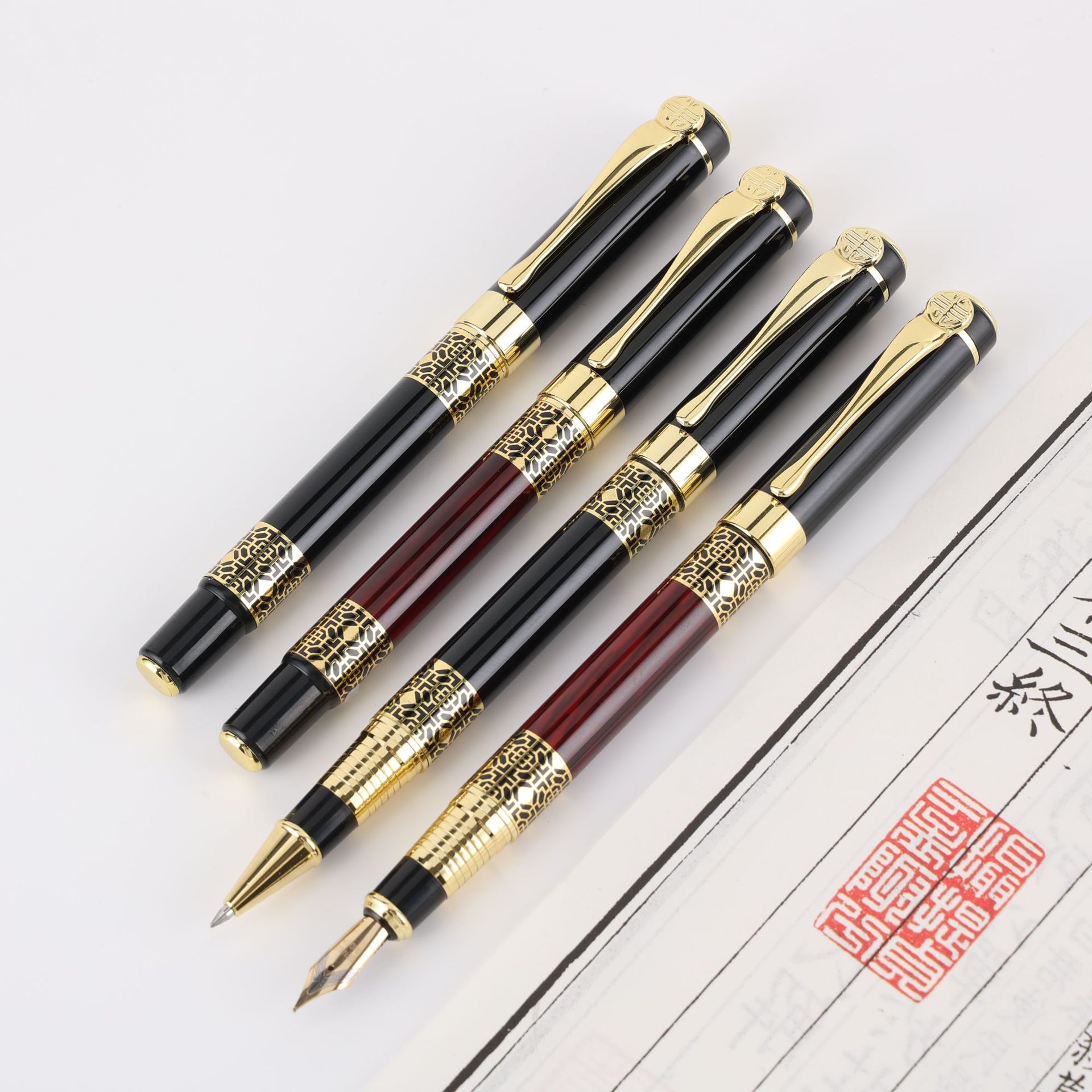 Chinese style imitation mahogany pen gold steel jewelry pen student calligraphy pen business gifts office wood sign pen